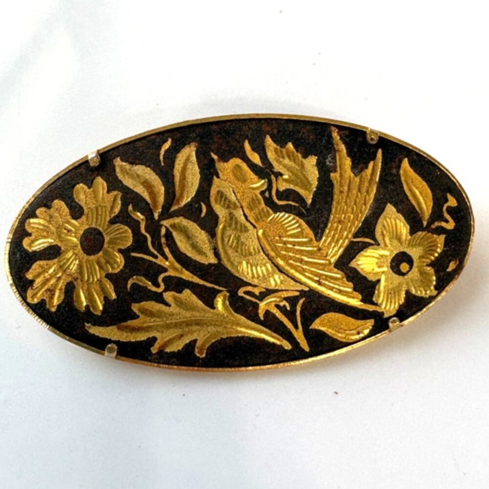 Vintage Damascene Style Bird Floral Brooch w/ Old C Clasp Oval Gold Tone Pin